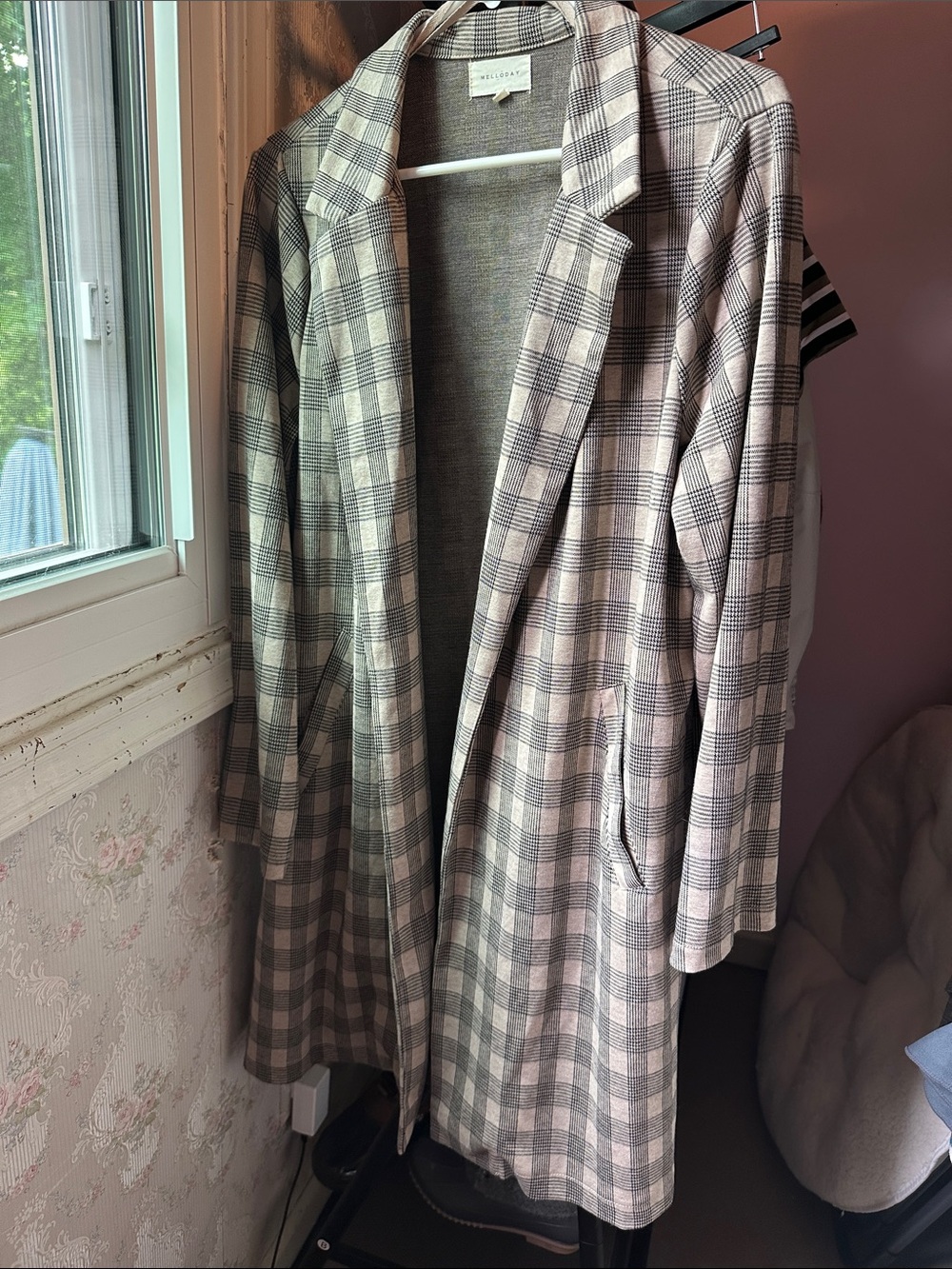 MELLODAY Plaid Longline Coat in Beige and Gray